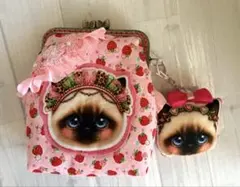 【猫柄 がま口 】ポーチ＆チャームセット ハンドメイド