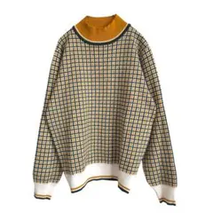2639 美品 モックネックチェック柄ニット プルオーバー F