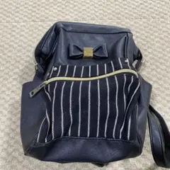 リボン付き ストライプポケット リュック ブラック