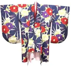 未使用品　二尺袖着物、襦袢セット　ネイビー系　花柄