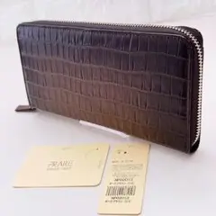 美品】Crystal 長財布 ラウンドファスナー クロコ型押し ブラウン 金具