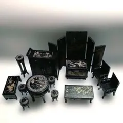 ミニチュア家具セット中国家具9セットいす2、木製スツール 黒に金絵巻