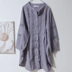 リジュール　rejouir 　長袖 ボタンアップロング丈シャツ　グレー　 3L