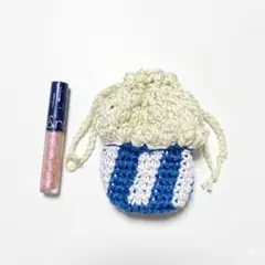 かぎ針編み 巾着袋 クリーム色、青ポップコーン　ハンドメイド