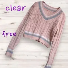 クリア ケーブル編み Ｖネック 長袖 ショート丈 ニットソー ニット セーター