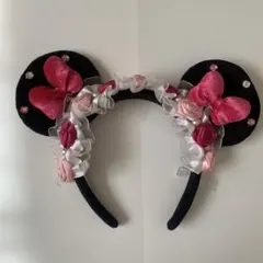 ディズニーカチューシャ薔薇　ミニー　ピンク　レース