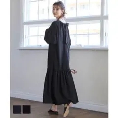 coca ボリュームスリーブ バックリボン ワンピース ネイビー　L