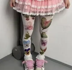 個性的 ボタニカル柄タイツ 花×昆虫デザイン 透け感 y2k フェアリー