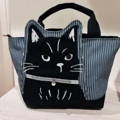 黒猫刺繍 ストライプ柄 トートバッグ