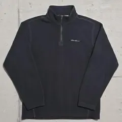 【人気】エディーバウアー ハーフジップ フリース 黒 メンズL 刺繍ロゴ 古着