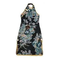 【チャイナドレス】黒 花ミニホルダーネック♡ストレッチ・Yチャイナドレス