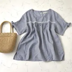 美品 シューラルー 袖リボン はしごレース ストライプブラウス L ギャザー 夏のサムネイル