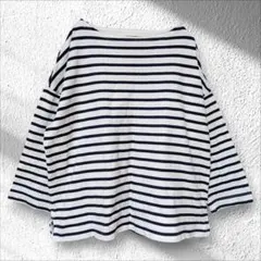 【無印良品】カットソー ボーダー ボートネック 7部丈 ネイビー