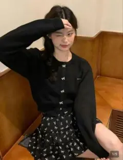 SHEIN 리본 버튼이 있는 블랙 가디건