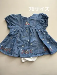 petit main いちご刺繍入りデニムブルー トップス70