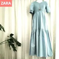 ザラ マキシ丈 ティアード ロング ワンピース バルーン袖 水色 7から9号