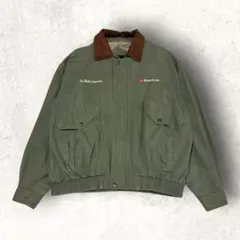 90s 企業 ワーク ジャケット L オリーブ 刺繍 襟 レザー古着 アメカジ