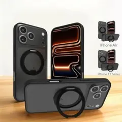 iPhone17proブラックケース　スタンド機能 韓国 リング付き 指紋防止