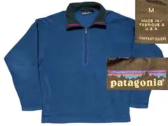 雪なしusa製90sPatagoniaフリースハーフジップ刺繍ロゴ青灰紺L位