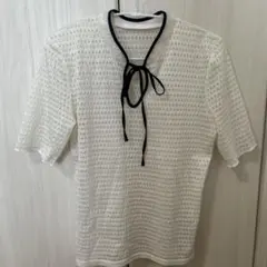 レース編み半袖トップス Vネック リボン付き