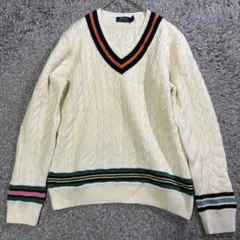 【良品】ポロラルフローレン Vネック ケーブルニット L エルボーパッチ 現行のサムネイル