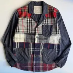 インク　ウールシャツジャケット　リメイク　再構築　チェック　オープンカラー　開襟