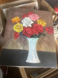 油彩画 花瓶の薔薇 額装 - メルカリ