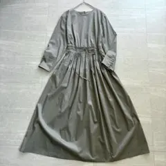 yuni ユニ プリーツ 切替 ロングワンピース フレア カーキ リネン 日本製