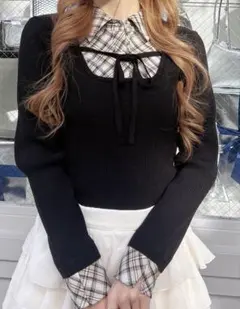 INGNI チェックシャツドッキングフロントリボンニット