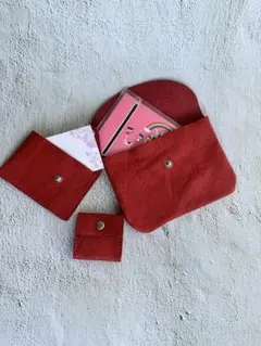 赤 本革3点セット カードケース・通帳ケース・コインケース