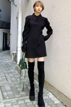 タグ付き EMODA エモダ ビックカラーシャツワンピース F ブラック 黒