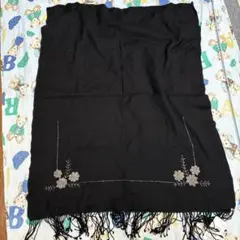 黒ブラック花柄刺繍 ストール インド製100%ウール70x170新品
