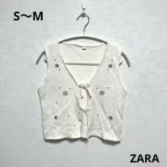 ZARA ホワイトニットベスト 花柄ビーズ装飾 『S〜M』 フェミニン 可愛い