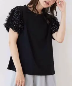 Myu 半袖 Tシャツ ドット柄チュール袖 ブラックのサムネイル