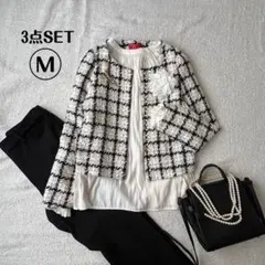 セレモニー3点SET ママスーツ ツイードジャケット ブラウス パンツ M