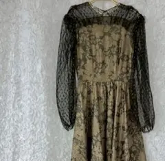 チュールドット重ね ゴールド　花柄　ロングワンピース 長袖