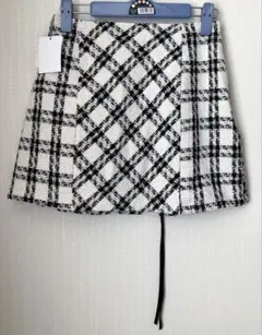 ナイスクラップ 台形スカート ミニ ツイード チェック 白 スナ系 タイト 韓国