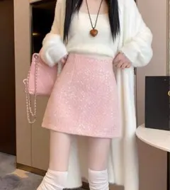 春　スカート　ピンク　裏地付き　スパンコール　ミニスカート　華やか