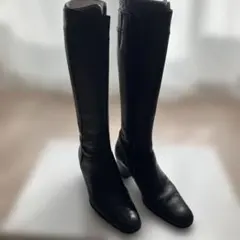 ブラックレザー ロングブーツ 中ヒール23.5センチ
