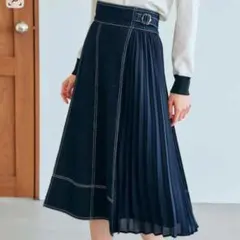 グローブ◎デニムサイドプリーツスカート　ネイビー　紺　ロング　上品きれいめ