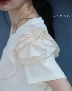 【CAWAII】完売品！《美品》縁取りビジュー　アシンメトリーフリル　Tシャツのサムネイル
