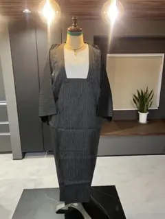 【美品】上品ストライプ柄 和装ワンピース風 着物リメイク風 ロング丈 黒×緑系