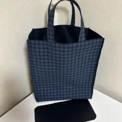 [ハンドメイド]青チェック紙袋型トートバッグ底板付き.学校行事や仕事のサブカバン