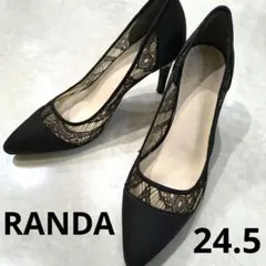 RANDA　ヒール　レース　ポインテッドトゥ　24.5 　黒　ビジュー　パンプス
