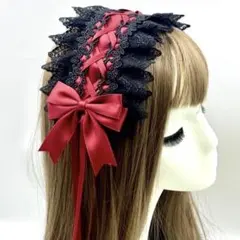 地雷系　ゴスロリ 赤 黒 ヘッドドレス リボン レース 髪飾り　推し活　ロリータ