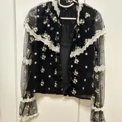 花柄刺繍 シースルー 長袖 ブラウス ブラックのサムネイル