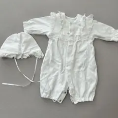 白 フリル付き ツーウェイ・ドレスオール 帽子付き