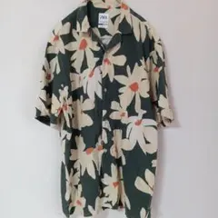 ZARA メンズ 花柄 半袖シャツ M アロハ柄 リネン混合 リラックスフィット