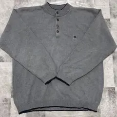 ニット　セーター　グレー　ハーフボタン　ワンポイント　L レトロ　古着