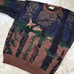 FILANT90sパターンニットセーター（LL）ブラウン系　カモ刺繍　アニマル